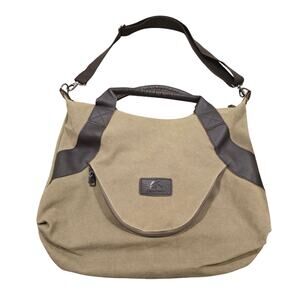K2 Classic Messenger Bag Olive Canvas Brown Leather Trim Multi Pocket